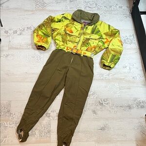 Rare Vintage Belfe Green and Orange Abstract Zip Up Belted Ski Suit